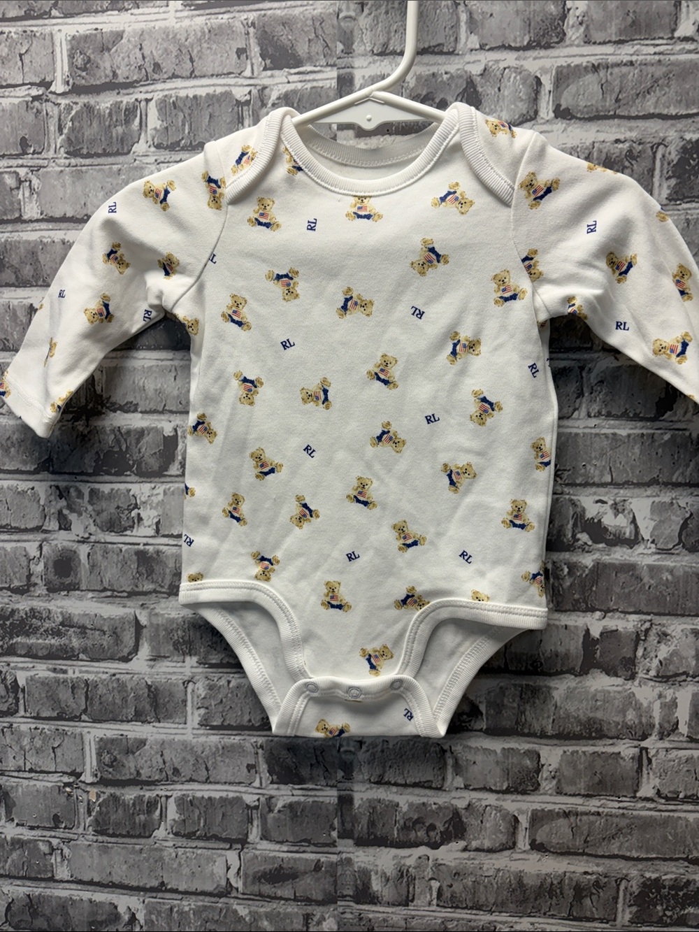 Ralph Lauren White Teddy Bear Print Long-Sleeve Baby One-Piece